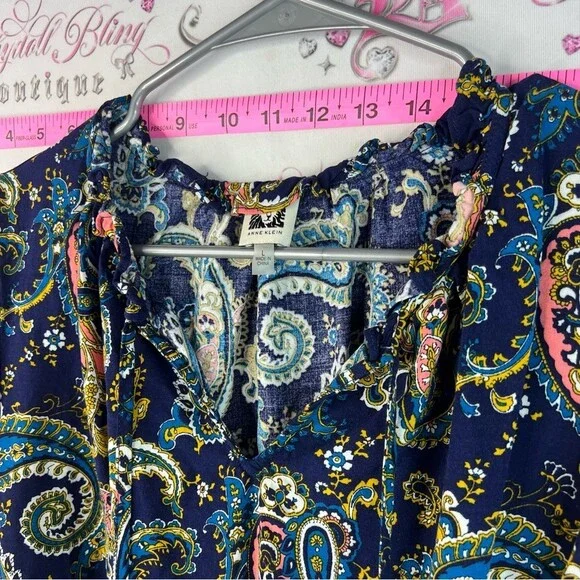 Anne Klein shirt long sleeve Navy Paisley Blouse with Coral and Teal Accents - Picture 6 of 12